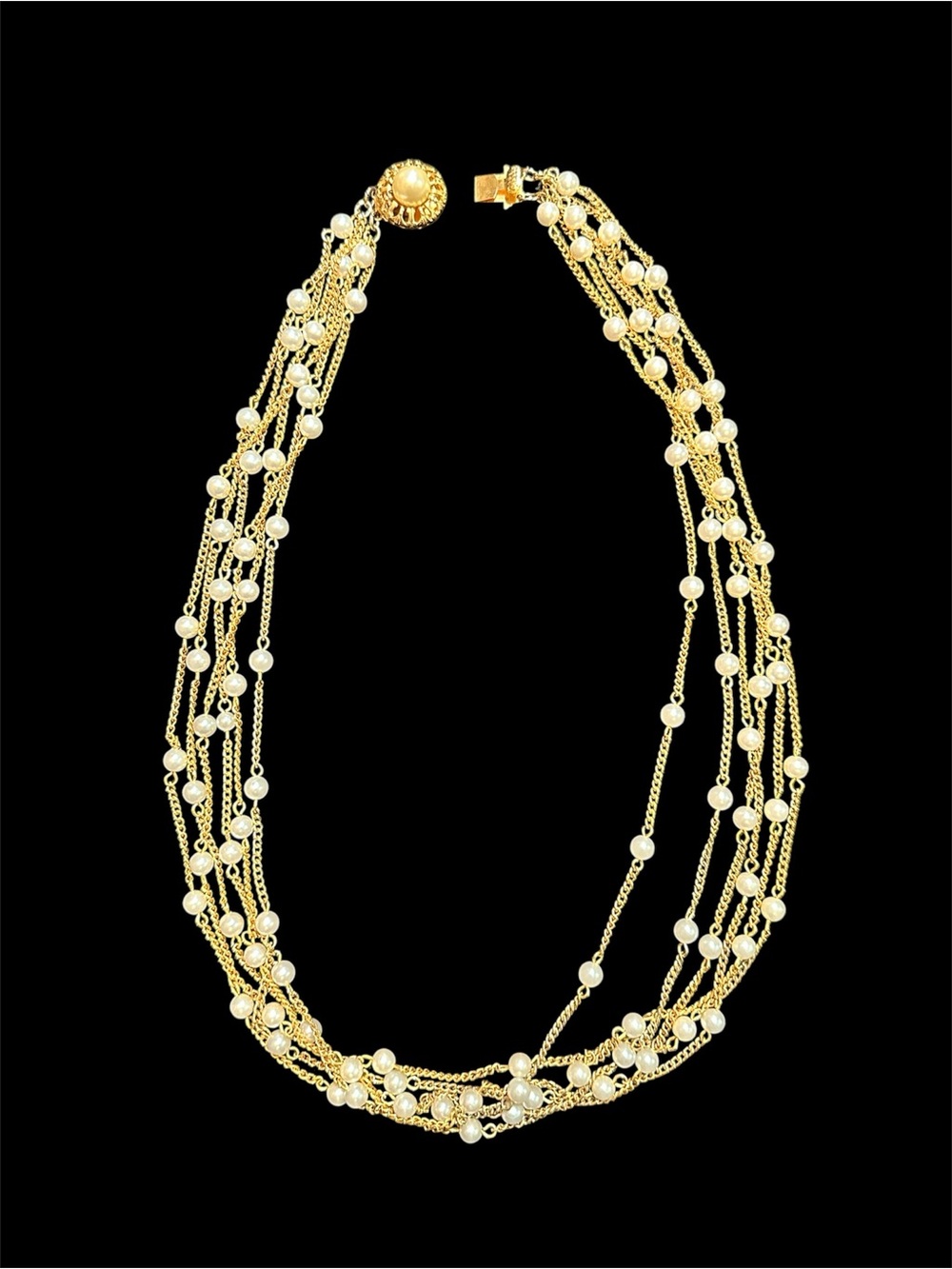 Vintage Multi Strand Faux Pearl Necklace Gold Tone Chain Unique Clasp 24 Inch